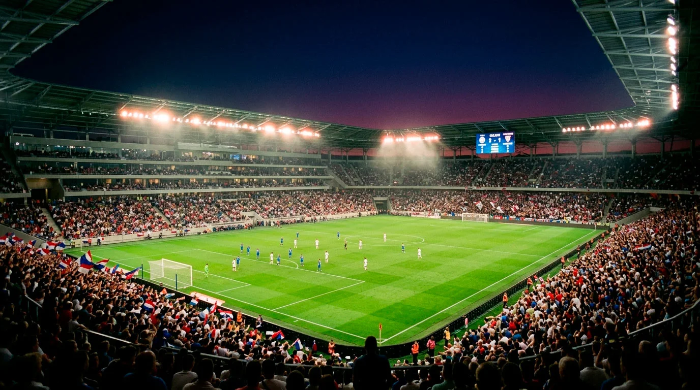 Nogometni stadion pun navijača na večernjoj utakmici Svjetskog prvenstva 2026