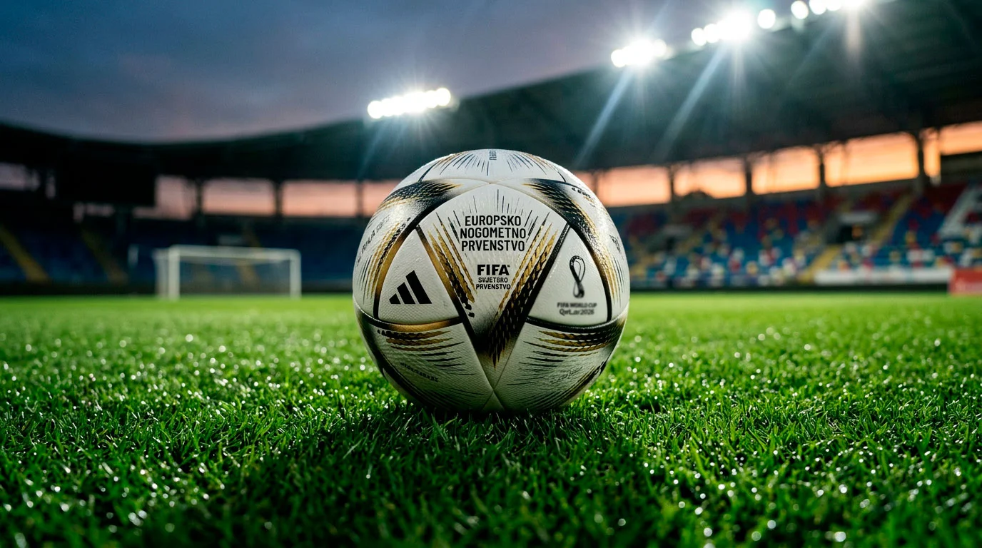 Službena nogometna lopta na zelenom travnjaku pod jakim reflektorima stadiona