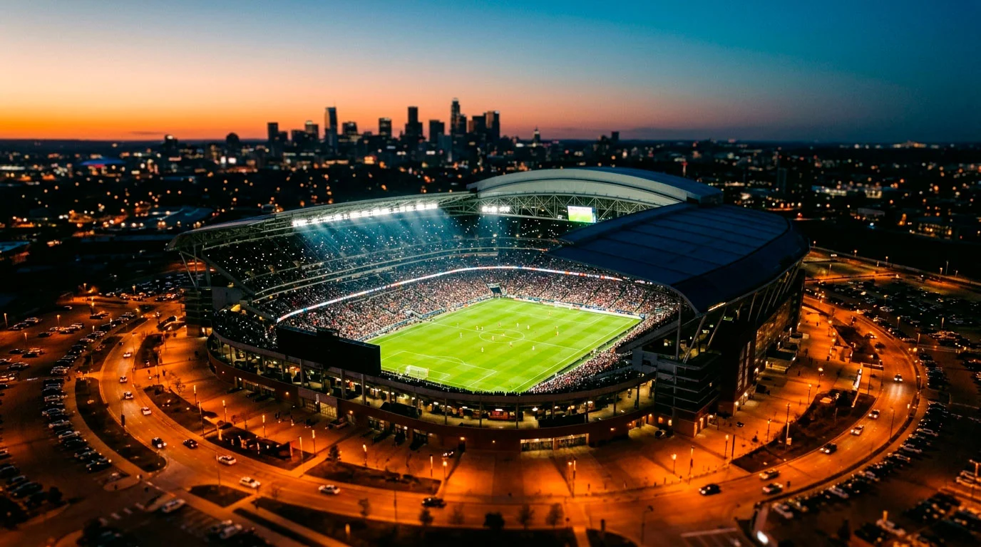 Moderni nogometni stadion iz zraka tijekom večernje utakmice s osvijetljenim travnjakom