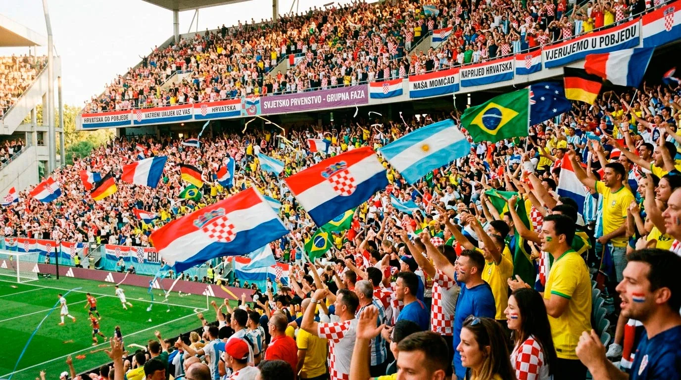 Tribine pune navijača s nacionalnim zastavama tijekom nogometnog turnira