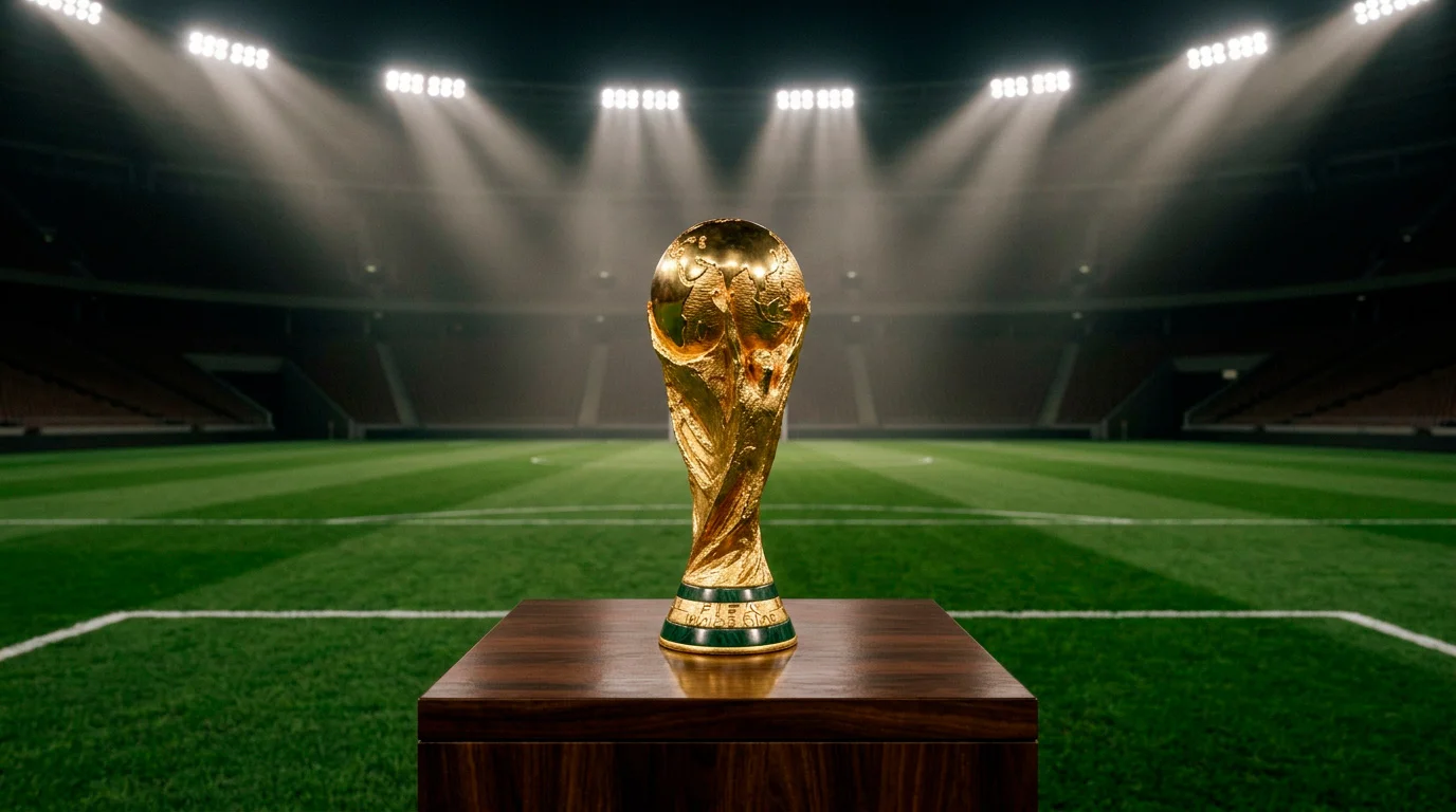 Zlatni nogometni trofej na postolju s refleksijom zelenog travnjaka